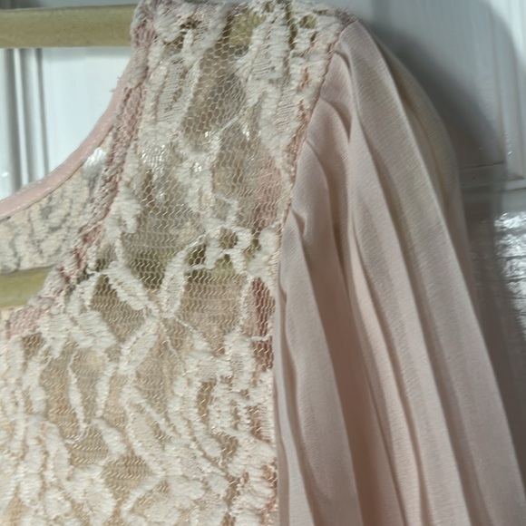 Pinky feminine sheer floral lace chiffon pleated bishop sleeve pullover pink L - Picture 5 of 14